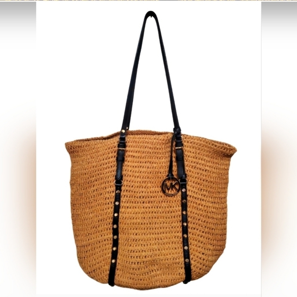 MICHAEL Michael Kors Large Studded Straw Shopper Tote Bag EUC